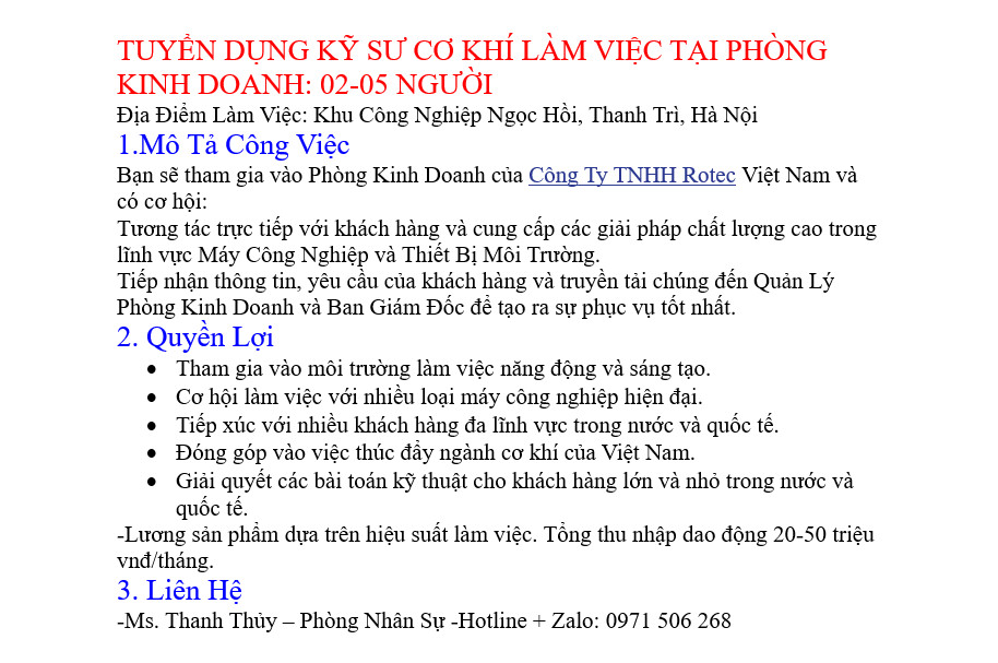 Tuyển dụng kĩ sư làm việc tại khu công nghiệp Ngọc Hồi