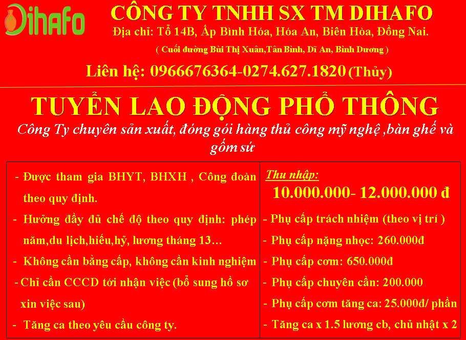 Tuyển LĐPT sản xuất đóng gói hàng thủ công mỹ nghệ gốm sứ tại Đồng Nai