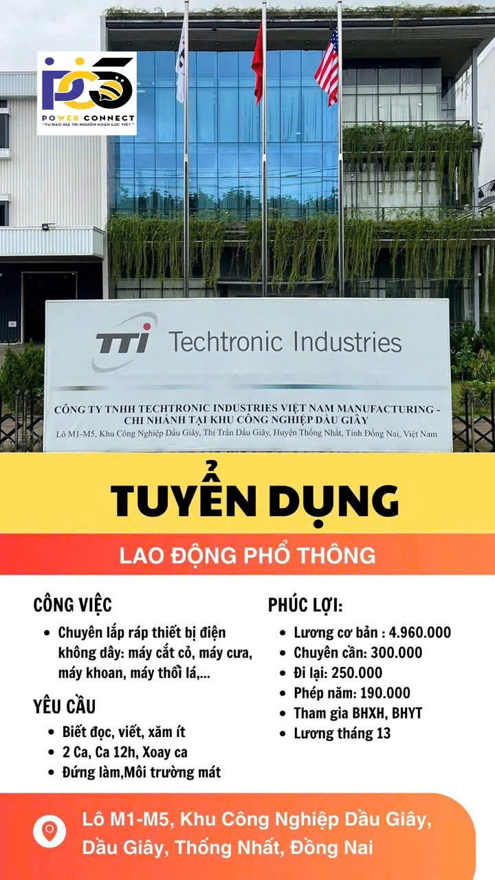 TTI công ty điện tử tuyển LĐPT nam nữ làm tại Dầu Giây Đồng Nai