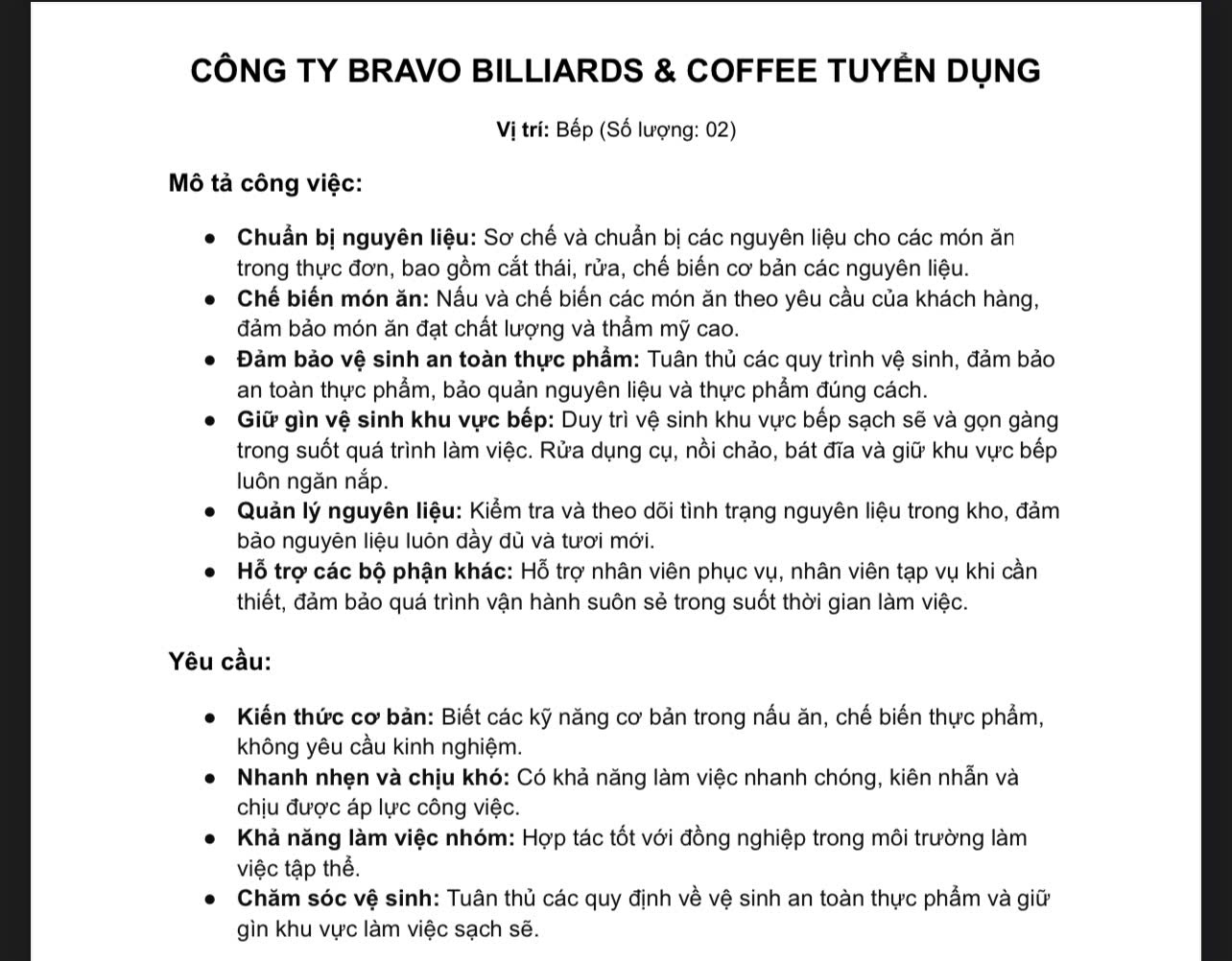 BRAVO BILLIARDS & COFFEE cần quản lý, bếp, phục vụ, pha chế