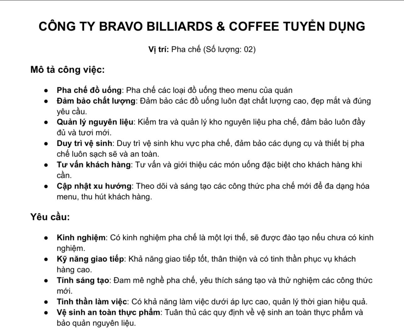 BRAVO BILLIARDS & COFFEE cần quản lý, bếp, phục vụ, pha chế