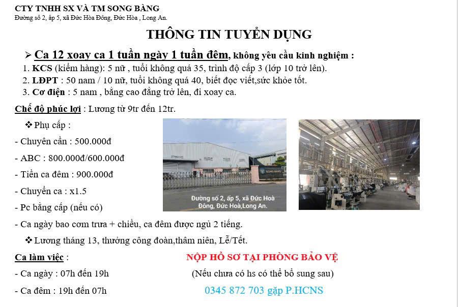 Tuyển LĐPT nam/nữ làm tại Long An lương từ 9tr/th