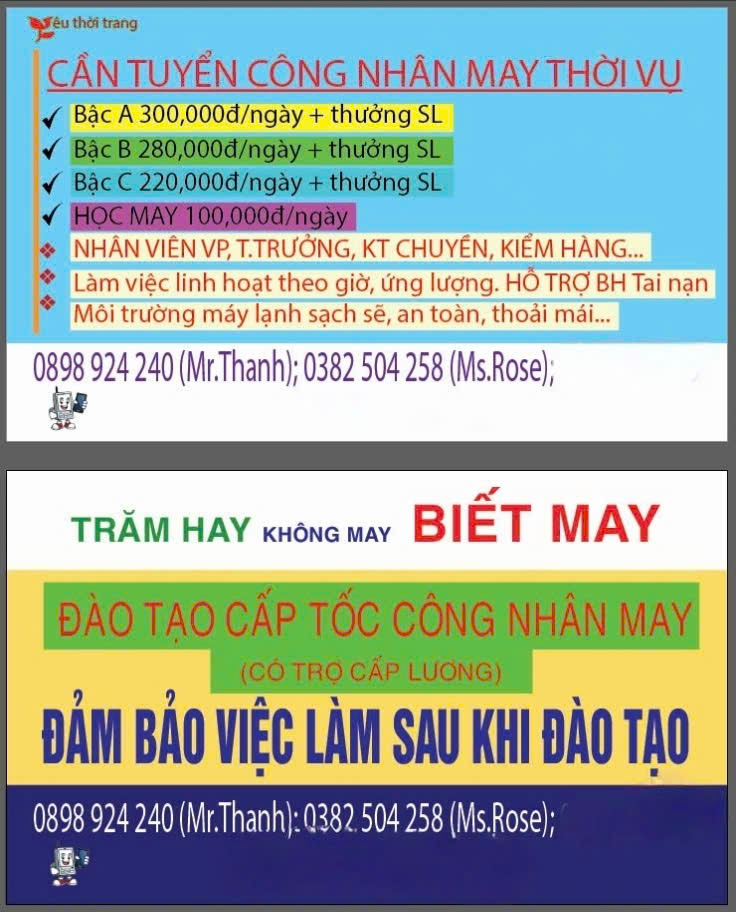 Tuyển thợ may 1 kim 2 kim, vắt sổ, Kansai, máy kẹt sườn tại Tiền Giang