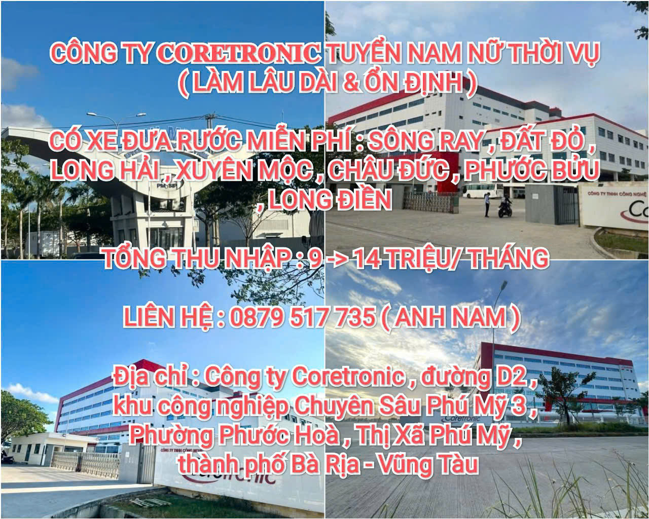 Cty Coretronic tuyển Nam Nữ làm lâu dài hoặc thời vụ
