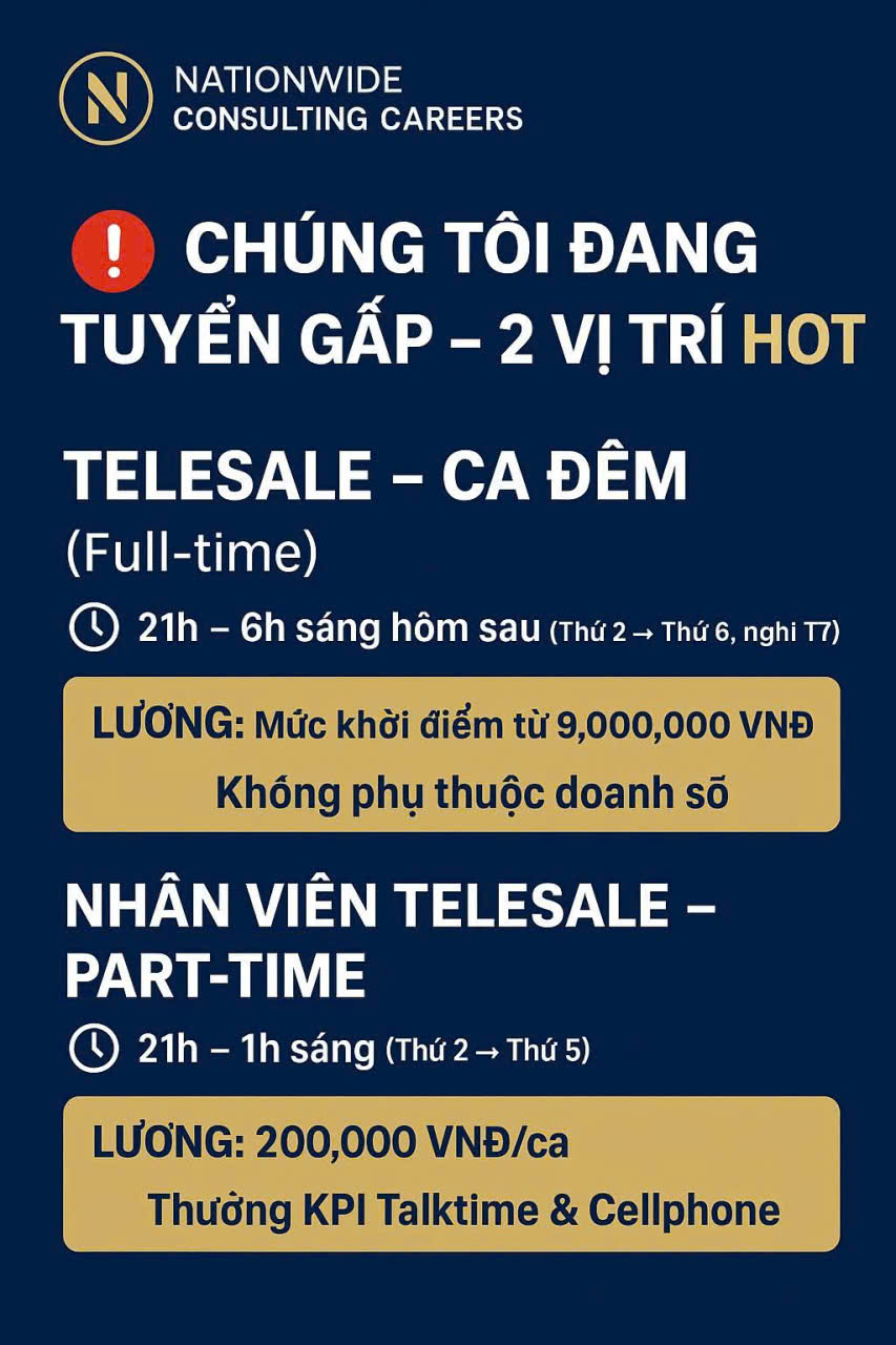 Tuyển nhân viên telesales ca đêm và nhân viên ca partime