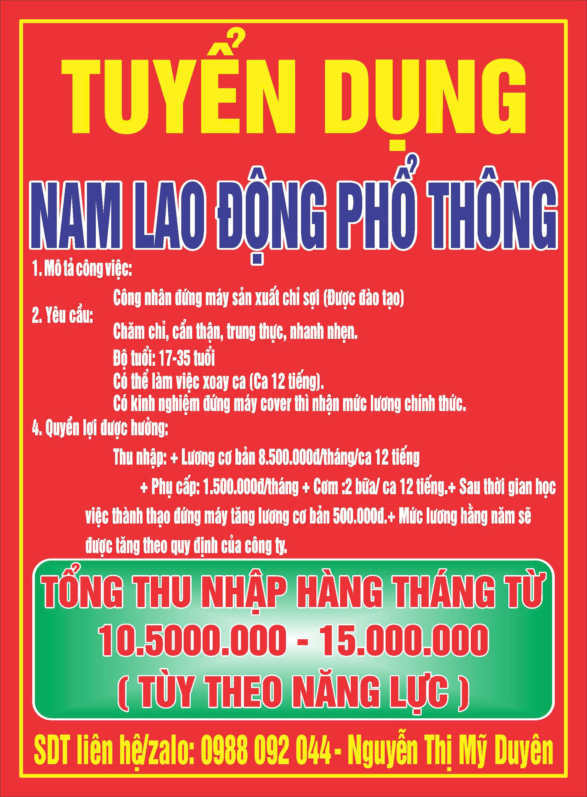 Tuyển nam lao động phổ thông đúng máy sản xuất chỉ sợi