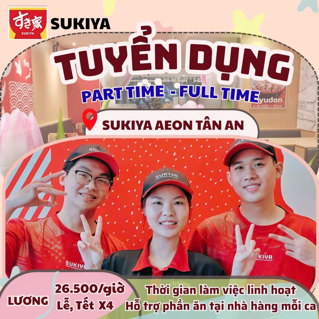 Sukiya Việt Nam tuyển NV Partime và Fulltime tại Aeon Tân An