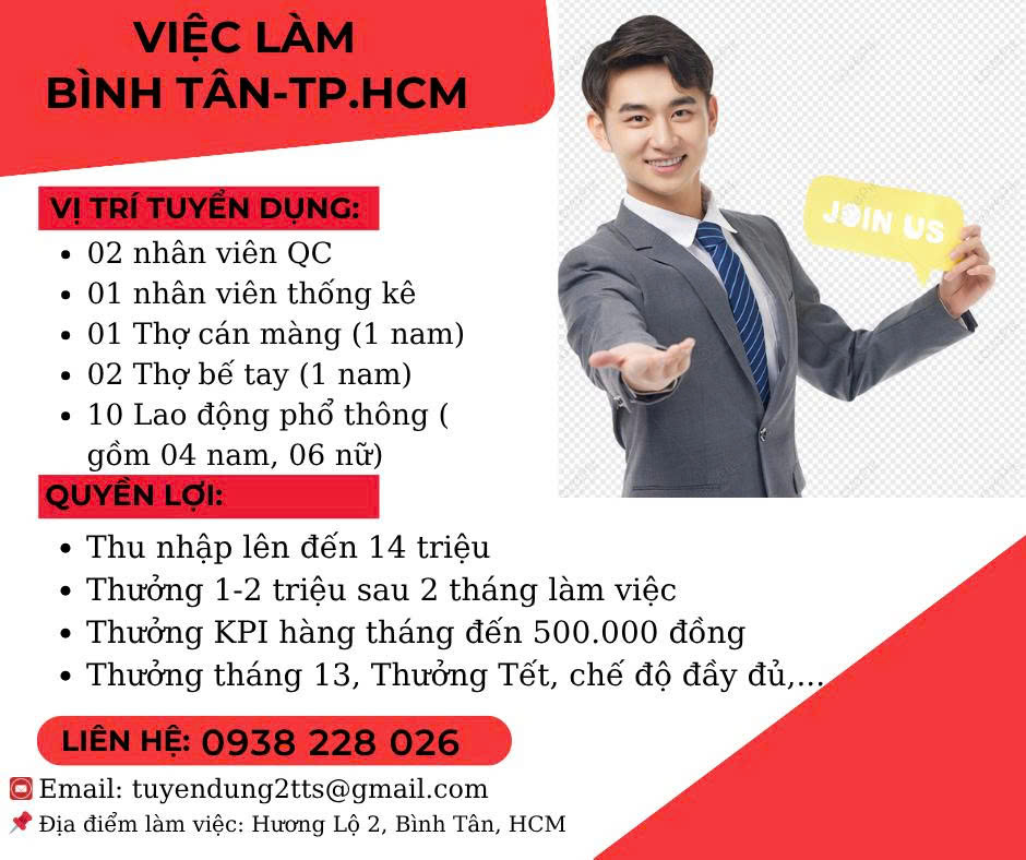 Tuyển Nam Nữ LĐPT làm tại Xưởng Hương Lộ 2 - Bình Tân