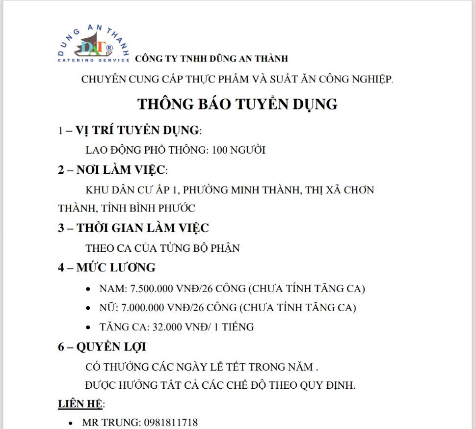 Tuyển LĐPT, bếp chính, bếp phụ, QC và các vị trí khác tại Bình Phước