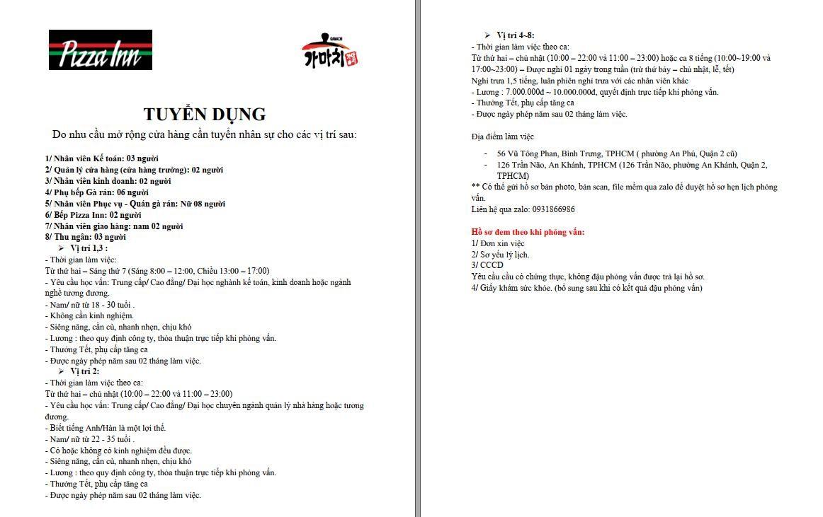 Pizza Inn tuyển kế toán, QL, NVKD, phụ bếp và các vị trí khác tại Q2