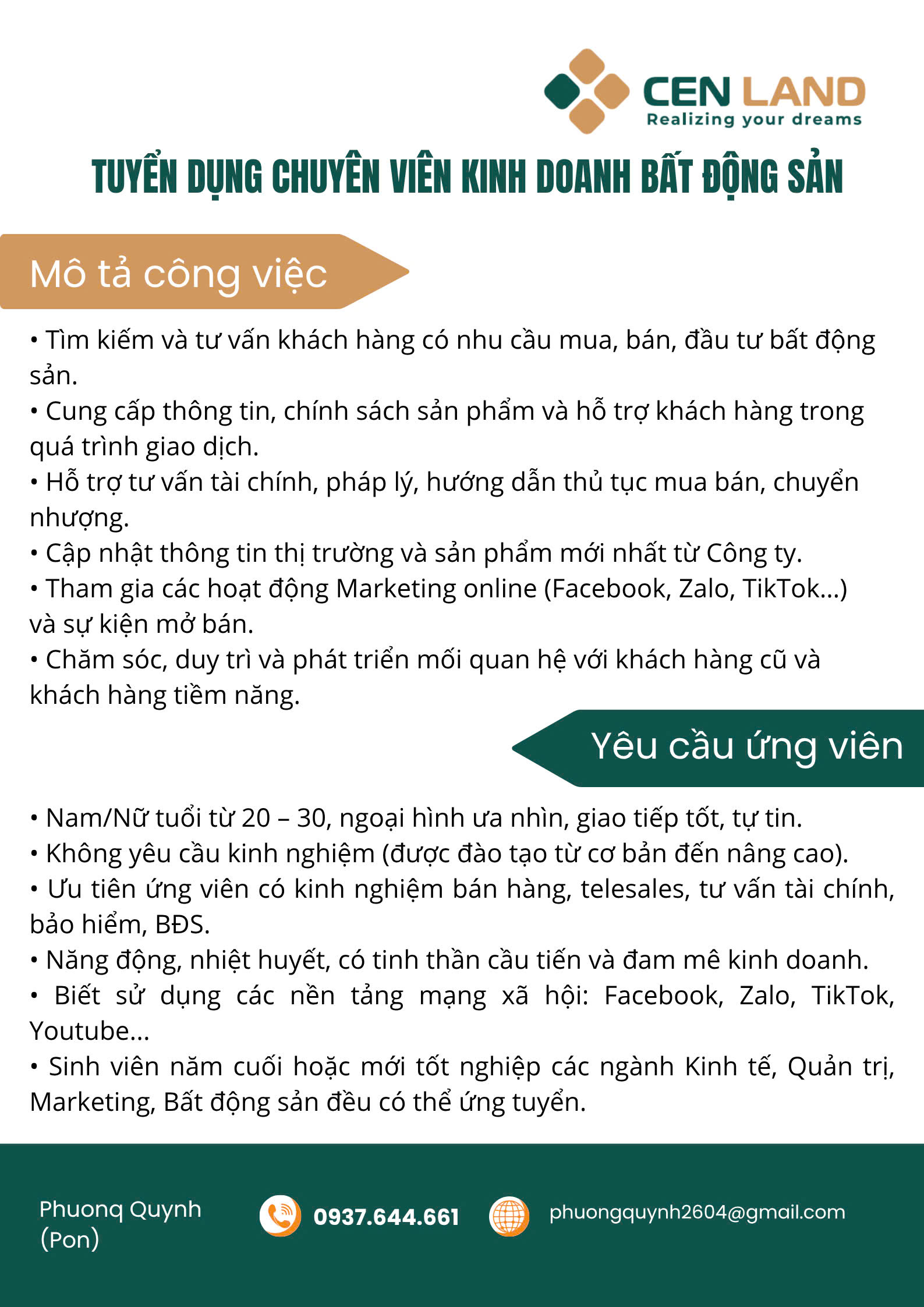 Tuyển chuyên viên KD BĐS tại TP Thủ Đức lương thưởng cao