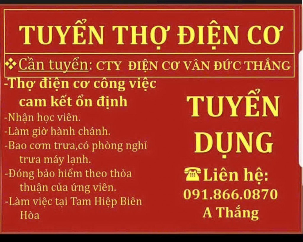 Tuyển thợ điện cư sửa chữa motor, bơm nước, khoan mài tại Đồng Nai