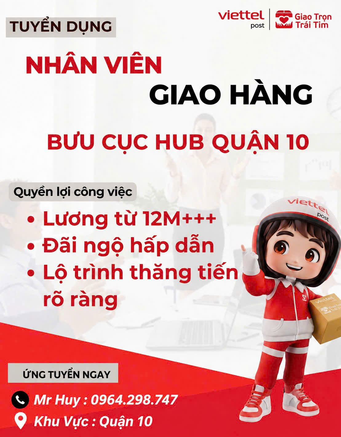 Tuyển nhân viên giao hàng bưu cục Hub tại Q10