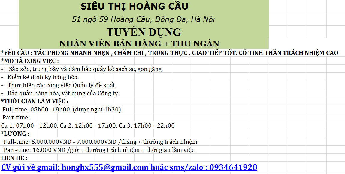 Siêu thị Hoàng Cầu tuyển dụng nhân viên bán hàng + nhân viên thu ngân