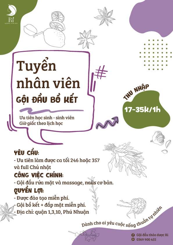 RI tuyển nhân viên gội đầu bồ kết giờ làm việc linh hoạt