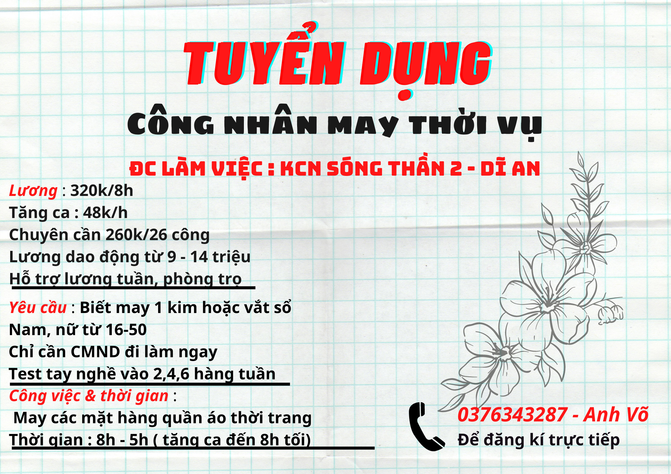 Tuyển thợ may nam nữ mặc hàng may áo làm tại Bình Dương