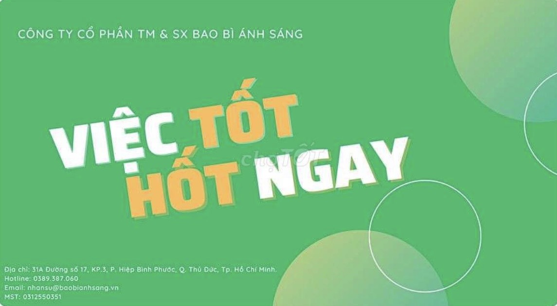 Tuyển 10 Nam Nữ LĐPT Cắt May Bao Bì làm Thủ Đức