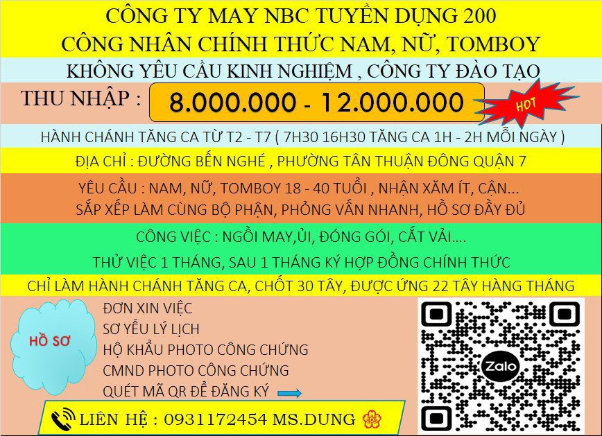 Cty May NBC tuyển nam nữ tomboy ko cần KN, làm may ủi đồng phục 